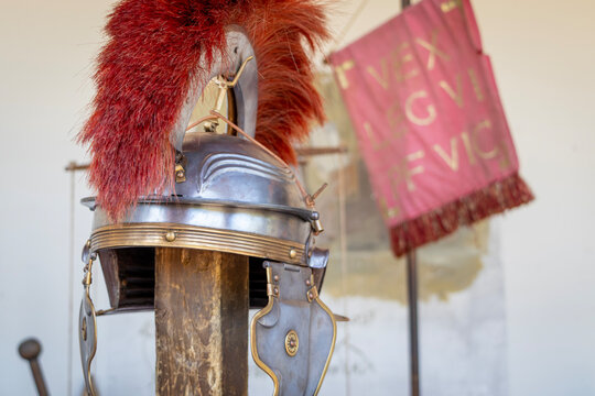 Roman Imperial Gallic-style centurion's helmet (galea) with a prominent red horsehair crest.