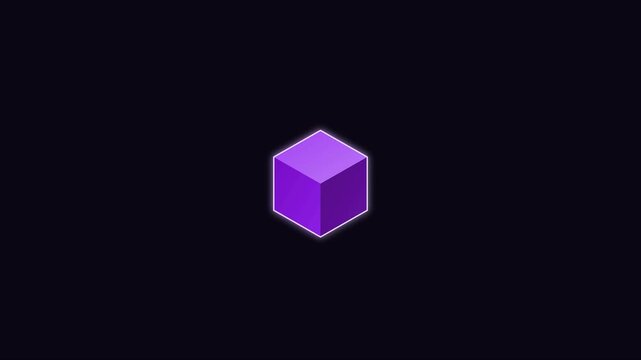 Minimalist glowing purple cube rotating on dark background: abstract 3 d geometric motion animation 4k