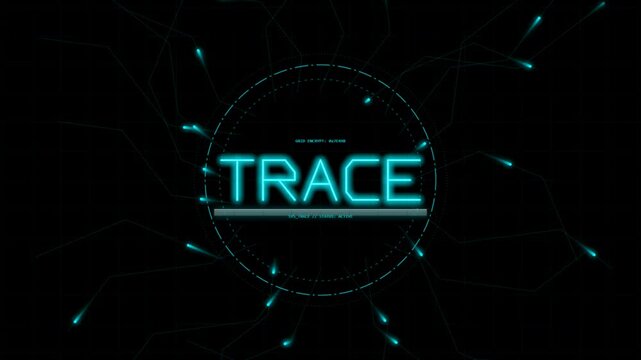 Neon blue digital trace word logo with futuristic circular hud interface and glowing light particles on a dark background 4K Motion Video
