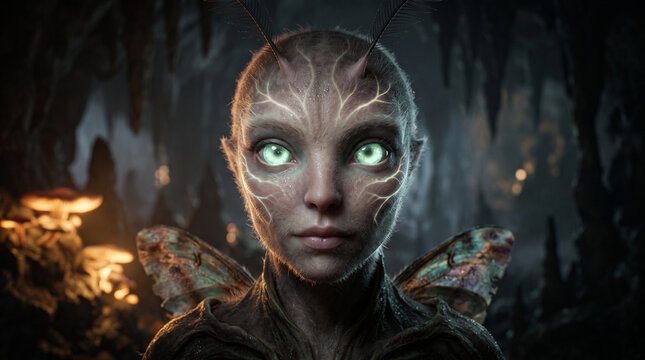 Portrait of a moth fairy creature with glowing green eyes and antennae. Cinematic fantasy insectoid humanoid in a dark cave with bioluminescent mushrooms