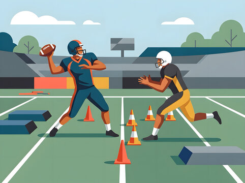 American football quarterback throwing a pass during practice on a stadium field with football player pixel art sports practice training session athletic game quarterback