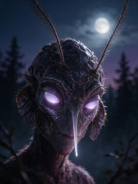 Cinematic portrait of an insectoid alien creature with glowing purple eyes and a long proboscis. Extraterrestrial monster in a dark forest under moonlight