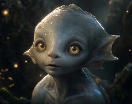 Cinematic portrait of a cute aquatic creature with large golden eyes and fin ears. Magical water spirit character design with glowing fireflies