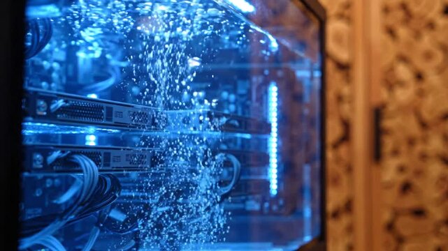 Custom Gaming PC with Liquid Cooling System Operating in Blue Light and Bubbles for High Performance Computing Concept