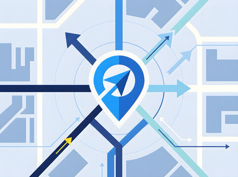 Blue location pin icon on a city map with navigation arrows pointing in multiple directions gps tracker route planning direction compass travel destination map pointer location