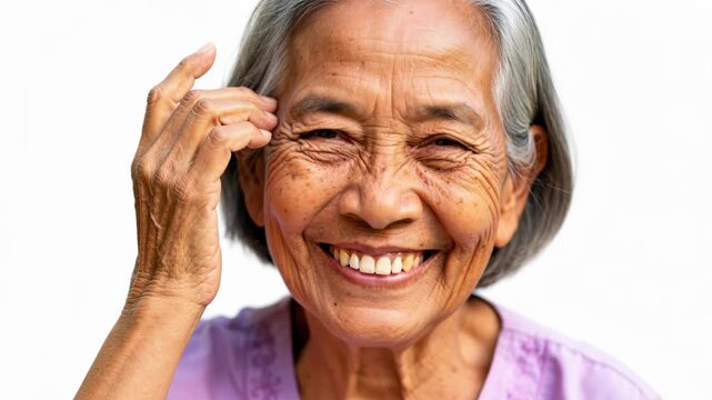 Joyful Elder: An elderly Asian woman with a warm, radiant smile and bright eyes, her hand gently touching her temple, exudes happiness and contentment.