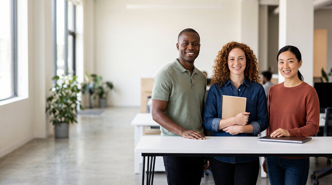 Portrait of three multiethnic young business professionals standing together by desk in open space office, smiling diverse startup team looking at camera, teamwork concept