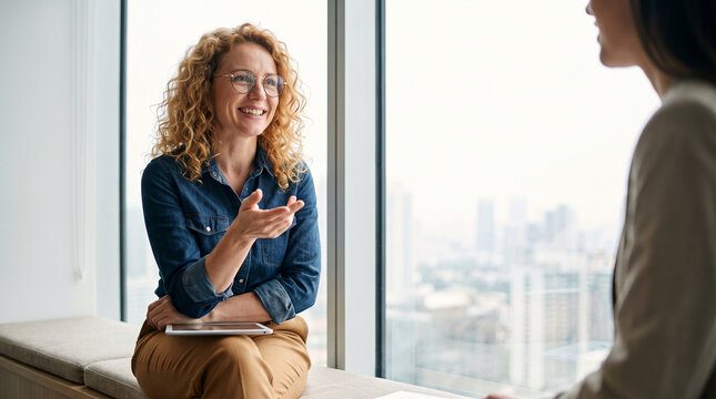 Smiling businesswoman with curly hair talking with female colleague by office window, corporate professionals chatting during casual business meeting or job interview lounge