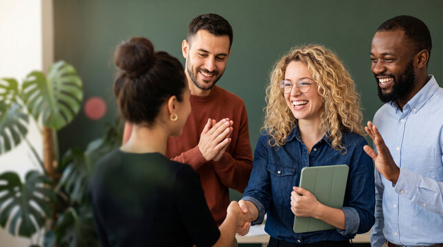 Smiling multiethnic creative business team shaking hands and welcoming new colleague or client in modern office, introduction onboarding meeting and corporate agreement concept