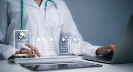 Obraz premium Physician using laptop with digital medical records interface showing healthcare documents patient data clinical information electronic health records technology and AI data management system