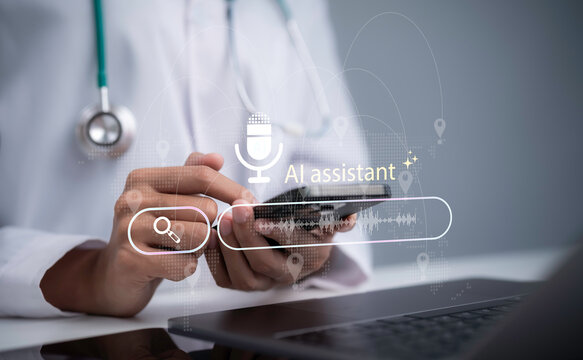 Doctor using smartphone with AI assistant interface in modern healthcare showing digital health technology telemedicine patient care data connectivity and future clinical innovation