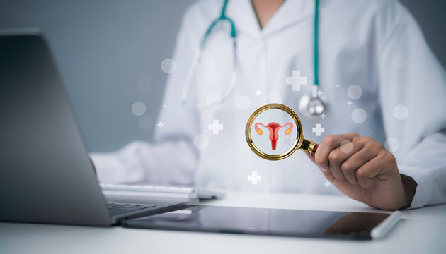 Doctor using magnifying glass to examine female reproductive health showing uterus gynecology medical diagnosis healthcare technology fertility wellness and clinical care for women health today