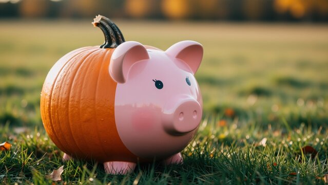 Pumpkin-shaped piggy bank with pink glossy finish and black coin slot on a grassy outdoor setting, symbolizing savings and autumn harvest themes
