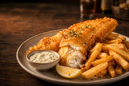 Crispy Battered Fish and Chips with Tartar Sauce on a Rustic Plate