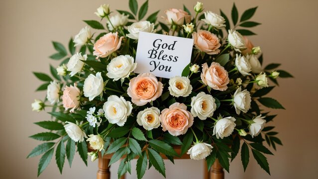 Elegant floral arrangement with blush and white roses, greenery, and a card with 'God Bless You' message, suitable for sympathy or religious occasions