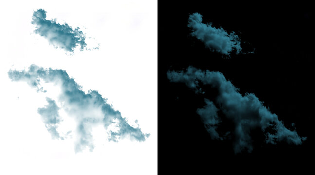 Atmospheric blue clouds on white and black backgrounds, ethereal smoke texture set, realistic mist and fog design elements for compositing