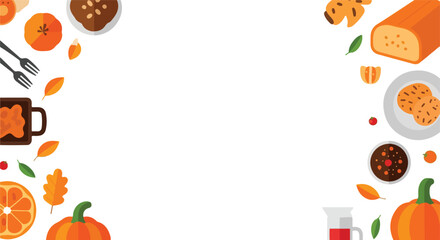 Fototapeta premium Flat vector illustration frame featuring delicious autumn food, pumpkins, orange leaves, and treats on white background.
