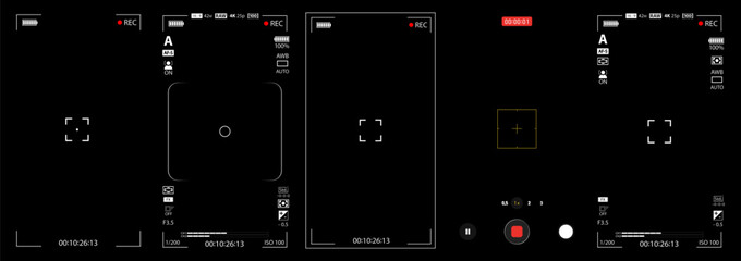 Naklejka premium Mobile phone camera rec overlay mockup pack isolated on black bg. Recorder cam display. Video or photo recording screen. Viewfinder Layout template. Vector illustration
