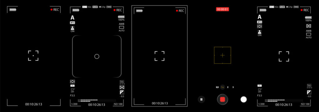 Mobile phone camera rec overlay mockup pack isolated on black bg. Recorder cam display. Video or photo recording screen. Viewfinder Layout template. Vector illustration