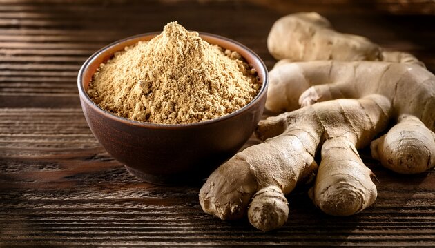 Ginger Root And Ginger Powder Ina Bowl On Wooden Table