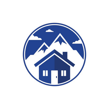 Blue Mountain House Logo in Circular Frame Vector Illustration