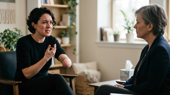 Angry woman with arm amputation talking to a psychologist. Emotional patient discussing trauma during a therapy session in a modern clinic. Mental health and counseling concept