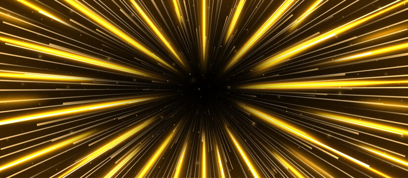 Realistic gold hyperspace travel tunnel background. Golden abstract with open space star warp. Speed of light journey concept. Vector illustration