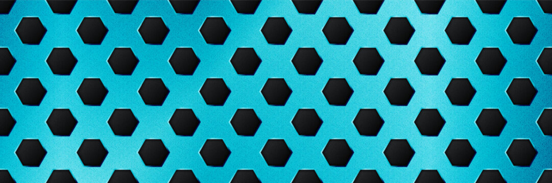 Blue seamless perforated metal sheet realistic texture. Metal chrome grill plate with hexagon holes. Modern design carbon radiator bg. Macro speaker radiator. Vector illustration