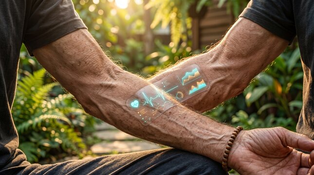 Sunlight photography of a senior man wearing a flexible transparent smart biosensor patch displaying digital pulse waveforms and vital metrics on his forearm, ideal for telemetry sports medicine and s