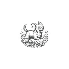 Fototapeta premium Chihuahua Dog Running in Grass Woodcut Illustration