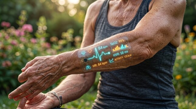Close-up realism photography of an active senior woman wearing a flexible glowing transparent biosensor patch with real-time health HUD data on her arm, perfect for digital health monitoring and weara