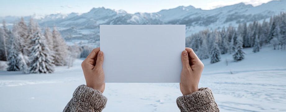 Blank paper held aloft in snowy mountain vista
