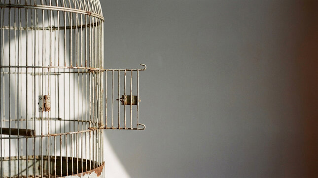 Empty Bird Cage with Open Door Against a Neutral Minimal Background
