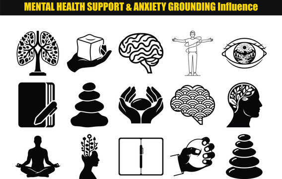 Collection of black silhouettes depicting concepts related to mental wellbeing and emotional grounding blackandwhite mentalhealth anxiety mindfulness emotionalbalance innerpeace