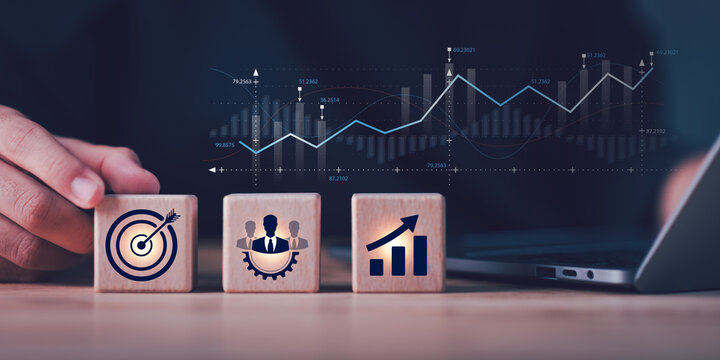 Business strategist evaluates performance metrics, growth strategy, team productivity, goal achievement, market analytics, leadership, and KPI results to improve organizational performance.