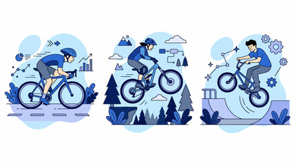 Fototapeta premium Set of flat vector illustrations showcasing professional people riding road bikes mountain bicycles and performing stunt BMX tricks