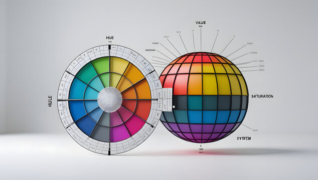 3D Isometric Exploded Color Wheel Sphere and Chart System Graphic