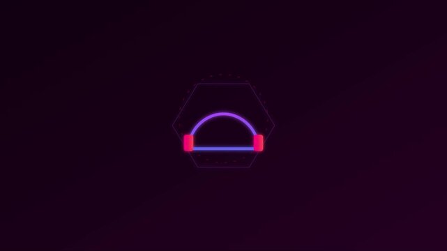 Neon headphone animation with pulsing audio waveform and hexagon frame 4k music sound
