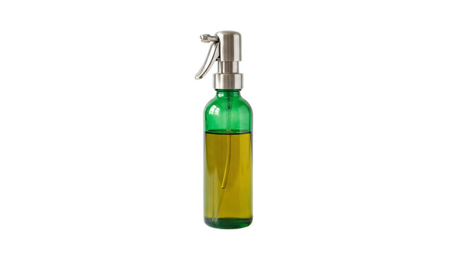 Green glass spray bottle filled with olive oil and metal pump dispenser PNG Isolated on transparent background
