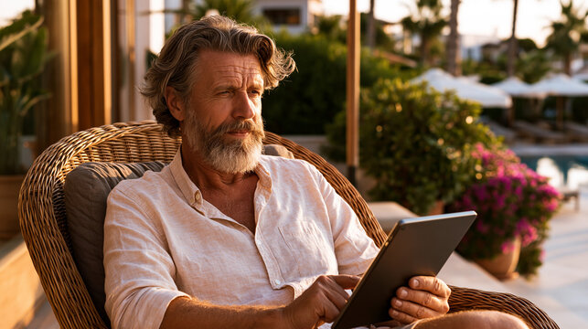Old man sitting on chair and using tablet near swimming pool in evening