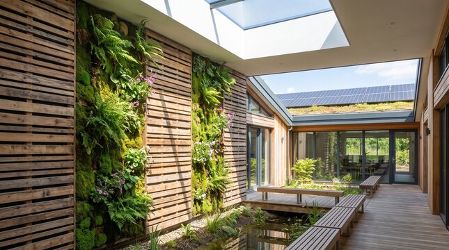 Modern vertical garden architectural background with wooden slats