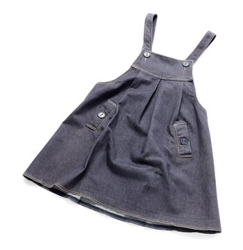 Childrens fashion and childhood clothing, denim pinafore dress for toddler girl isolated on white background