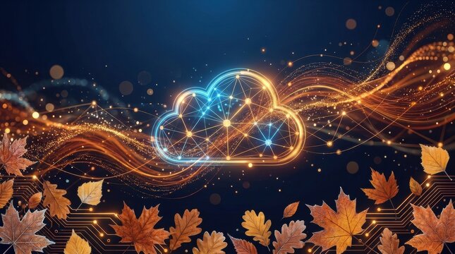 Cloud computing icon glowing network nodes connected, orange data circuit lines autumn maple leaves falling gently down, dark navy futuristic technology background. Digital cloud storage theme