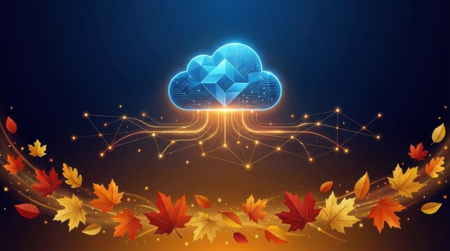 Glowing cloud icon network nodes radiating outward, orange circuit lines autumn maple leaves falling gently down, dark navy digital technology background scene. Cloud computing storage theme