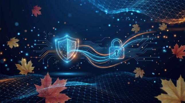 Digital shield padlock icons connected together, glowing blue orange isometric diamond circuit lines autumn maple leaves, dark navy technology background. Cybersecurity data protection theme