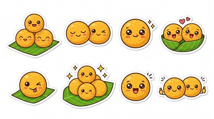 Naklejka premium Cute Ladoo Indian Sweet Cartoon Sticker Set on Banana Leaf