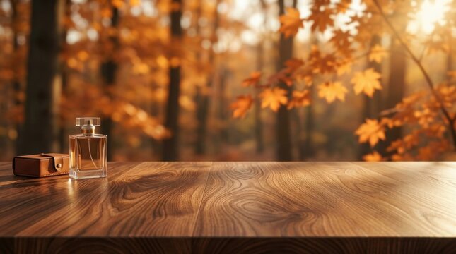 Empty wooden tabletop blank surface closeup view, blurred autumn forest bokeh golden sunlight background scene, warm oak wood grain texture natural detail. Product display mockup background theme