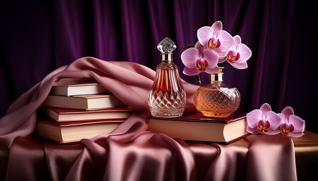 Still Life With Perfume Bottle Orchids Books And Draped Silk