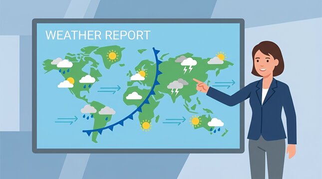 Female meteorologist presenting global weather report on digital screen.