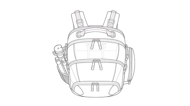 Technical sketch of professional camera backpack with tripod attachment and gear compartments for photographers